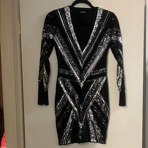 Express V-Neck Black and Silver Sequin Dress Mini